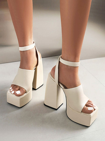 レディース ヒールサンダル スクエアトゥ チャンキーヒール フェイクレザーサンダル
