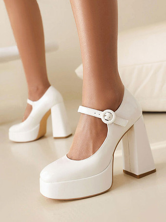 Bianco Tacchi alti da donna Scarpe vintage Piattaforma Tacco grosso Mary Jane Pumps