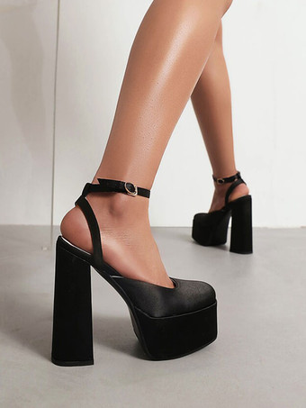女性用 ハイヒール プラットフォーム サテン チャンキーヒール アンクルストラップ パンプス