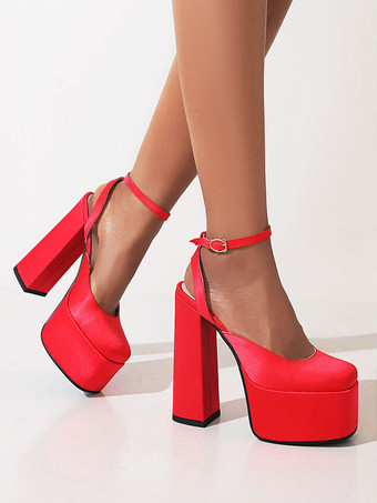 女性用 ハイヒール プラットフォーム サテン チャンキーヒール アンクルストラップ パンプス