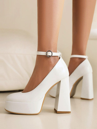 ホワイト 女性用 ハイヒール ブラック ラウンドトゥ チャンキーヒール アンクルストラップ パンプス