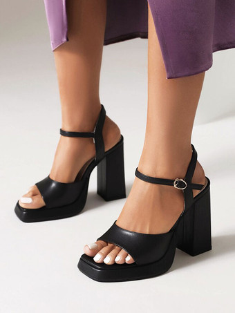 女性のブロック ヒール サンダル スクエア トゥ バックル詳細ハイヒール サンダル