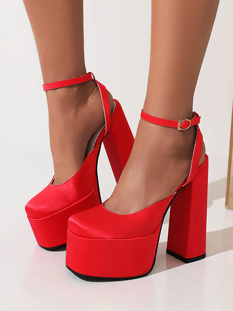 レッド 女性用 ハイヒール プラットフォーム サテン チャンキーヒール アンクルストラップ パンプス