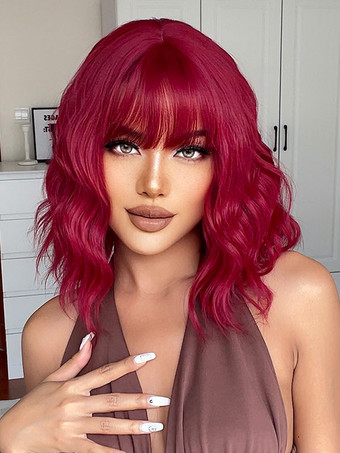 ミディアム ウィッグ 人工毛ウィッグ ブルゴーニュ バング/フリンジ付き 耐熱ファイバー ミディアムウィッグ 女性用