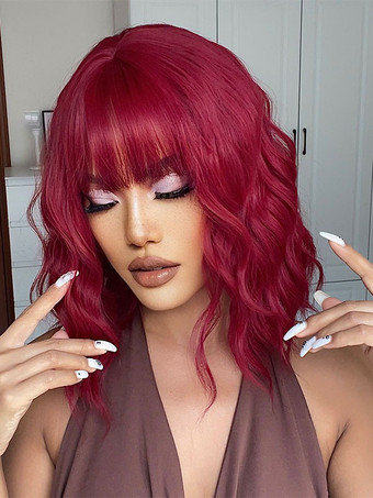 ミディアム ウィッグ 人工毛ウィッグ ブルゴーニュ バング/フリンジ付き 耐熱ファイバー ミディアムウィッグ 女性用