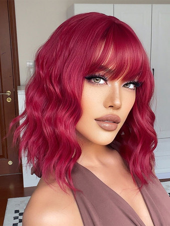 ミディアム ウィッグ 人工毛ウィッグ ブルゴーニュ バング/フリンジ付き 耐熱ファイバー ミディアムウィッグ 女性用