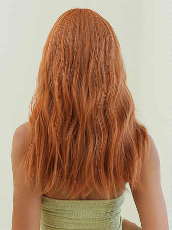 女性用ロングウィッグ オレンジ カーリー 耐熱ファイバー シック レイヤード ロング 合成ウィッグ