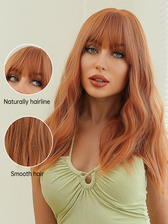 女性用ロングウィッグ オレンジ カーリー 耐熱ファイバー シック レイヤード ロング 合成ウィッグ