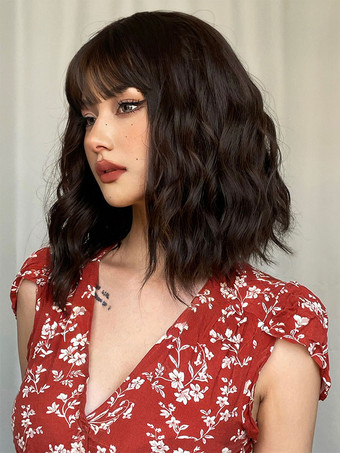 ミディアムウィッグ 人工毛ウィッグ 茶色がかった黒 カーリー 耐熱繊維 ミディアムウィッグ 女性用