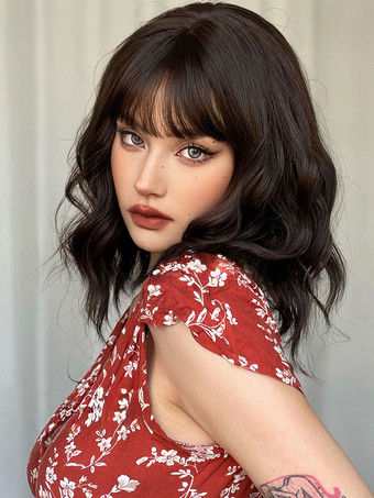 ミディアムウィッグ 人工毛ウィッグ 茶色がかった黒 カーリー 耐熱繊維 ミディアムウィッグ 女性用