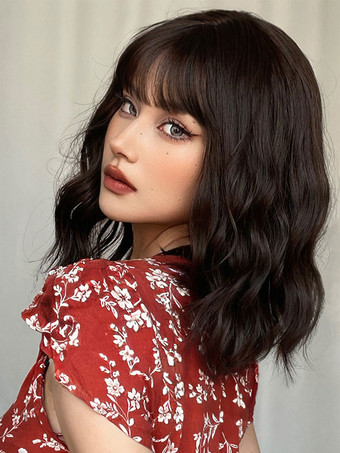 ミディアムウィッグ 人工毛ウィッグ 茶色がかった黒 カーリー 耐熱繊維 ミディアムウィッグ 女性用