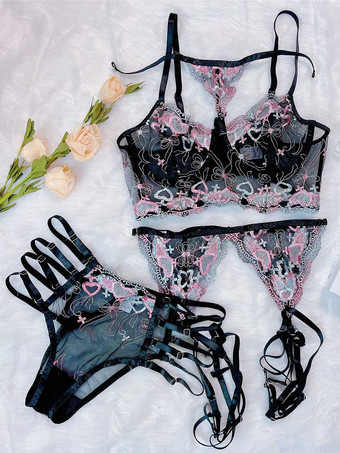 女性用ブラ ブラック ツートーン レース 3ピース ランジェリーブラ