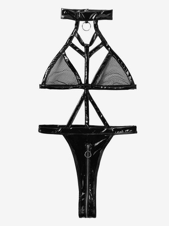 クロッチレス テディランジェリー ブラック メタルディテール バックレス PUレザーテディ レディース