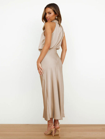 ミディパーティードレス ホルター ノースリーブ サテン ブライドメイドドレス