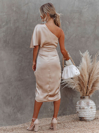 ゴールドドレス プリーツ バックレス セクシー ワンショルダー 半袖 プロム ミディドレス