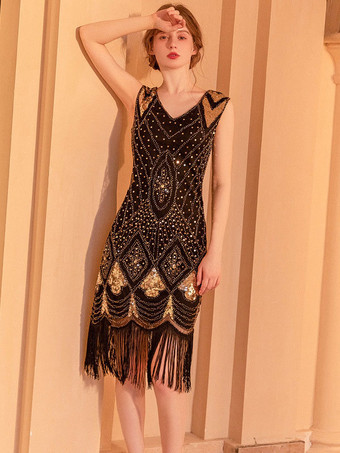 Vintage ärmelloses Midikleid mit V-Ausschnitt Fransen und Pailletten Geburtstagsparty-Kleider