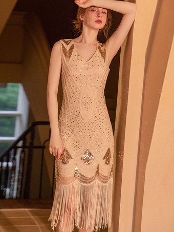 Vintage ärmelloses Midikleid mit V-Ausschnitt Fransen und Pailletten Geburtstagsparty-Kleider