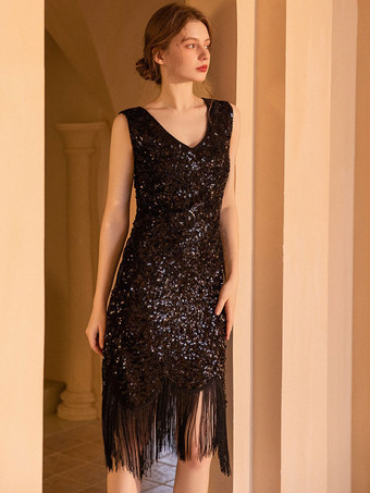 Abiti da festa anni '20 Abito midi senza maniche con frange con scollo a V