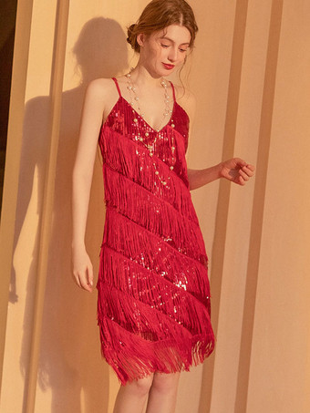 Red 1920S Party Dresses V-Neck Sequins Sleeveless Sexy Midi Dress