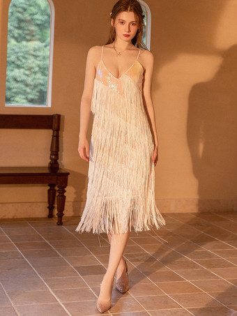 1920S Party Dresses V-Neck Sequins Sleeveless Sexy Midi Dress