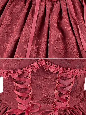 ゴシックロリータドレス フリル レースアップ 赤 赤