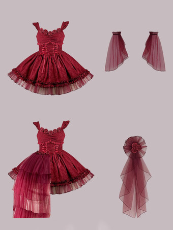 ゴシックロリータドレス フリル レースアップ 赤 赤