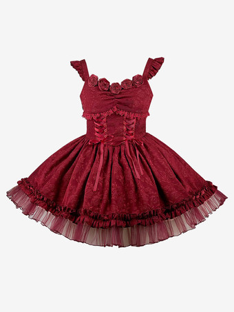 ゴシックロリータドレス フリル レースアップ 赤 赤