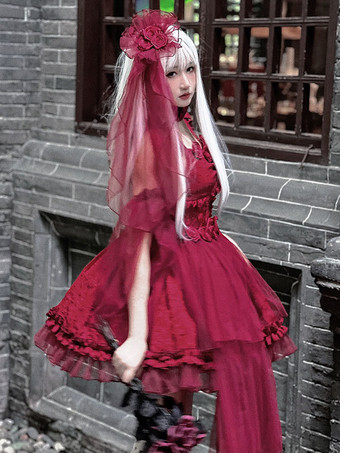 ゴシックロリータドレス フリル レースアップ 赤 赤