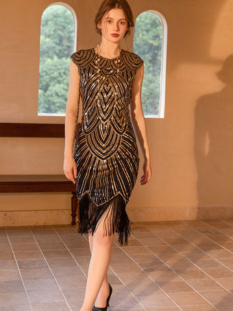 ブラックゴールドヴィンテージ 1920 年代のパーティー ドレス ブラック レッド ジュエル ネック フリンジ ノースリーブ ミディ ドレス