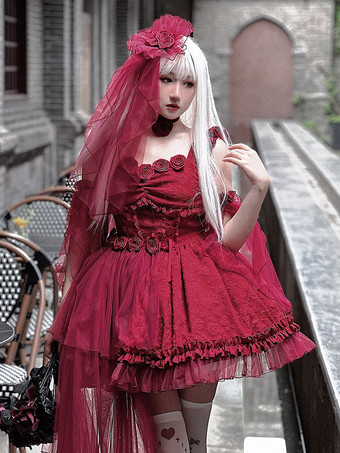 Robes Lolita Gothiques Volants À Lacets Rouge Rouge