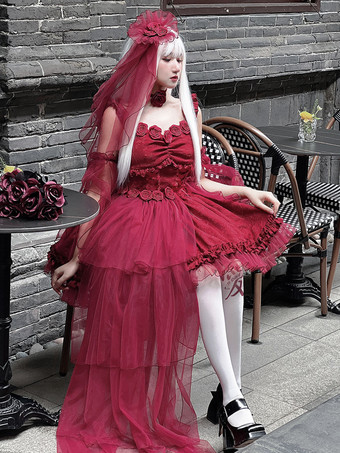ゴシックロリータドレス フリル レースアップ 赤 赤