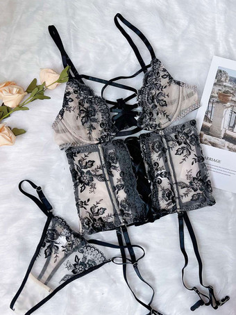 女性用ブラ ブラック ツートーン レース 3ピース ランジェリーブラ