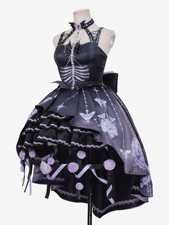 甘いロリータ JSK ドレス花柄アップリケ弓紫ロリータ ジャンパー スカート