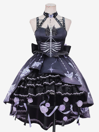 甘いロリータ JSK ドレス花柄アップリケ弓紫ロリータ ジャンパー スカート