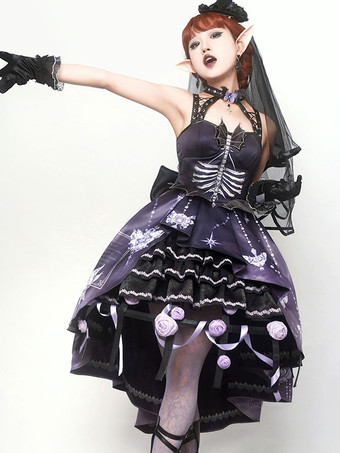 甘いロリータ JSK ドレス花柄アップリケ弓紫ロリータ ジャンパー スカート