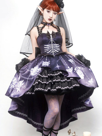 甘いロリータ JSK ドレス花柄アップリケ弓紫ロリータ ジャンパー スカート