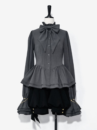 【Vorverkauf】 Gothic Lolita Ouji Fashion Blusen Graues Langarmhemd mit Rüschenausschnitt