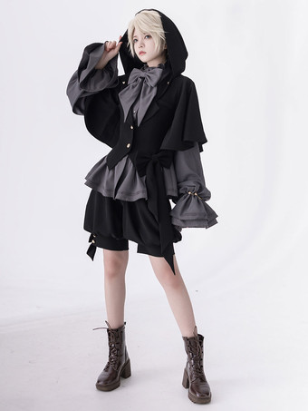 Gothic-Lolita-Ouji-Mode-Mantel aus schwarzem Metall und Polyester