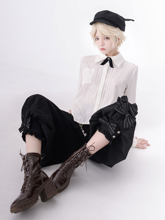 ゴスロリ王子ファッション リボン 長袖 ブラウス シャツ 前売り アイボリー