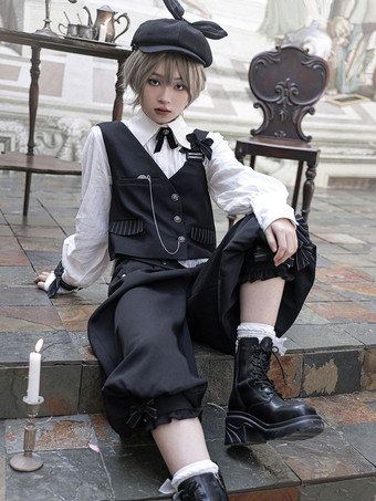 【予約販売】ゴスロリ王子ファッション 黒非対称肩紐チョッキ