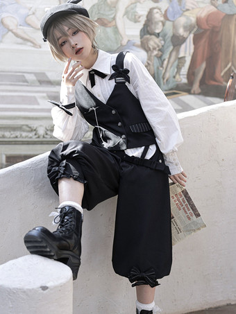 【予約販売】ゴスロリ王子ファッション 黒非対称肩紐チョッキ