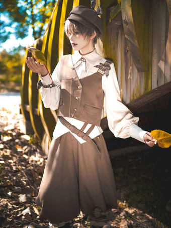 【先行販売】ゴスロリ王子ファッション ブラウン アシンメトリー ショルダーストラップ チョッキ