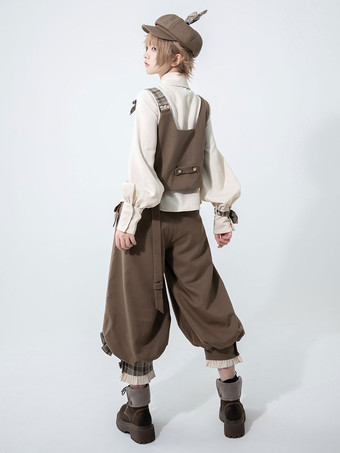 【先行販売】ゴスロリ王子ファッション ブラウス カーキ 長袖 リボン トップス チェックシャツ