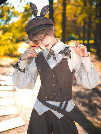 【先行販売】ゴスロリ王子ファッション ブラウス カーキ 長袖 リボン トップス チェックシャツ