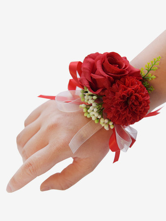 レッド 結婚式 新郎 新婦 花 手首の花