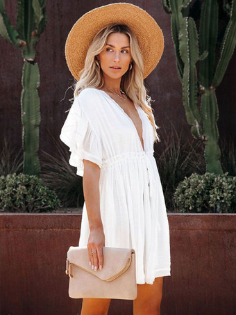 ミニドレス ホワイト 半袖 ボタン ショートドレス