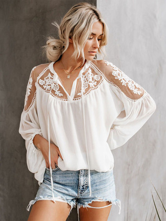 Blouse For Women White Sheer Flowers Embroidered Bohemian Long Sleeves Tops