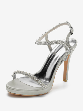 シルバー サテン ウェディングシューズ オープントゥ ラインストーン バックルディテール スティレットヒール ブライダルサンダル