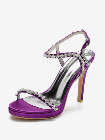 プラムサテン ウェディングシューズ オープントゥ ラインストーン バックルディテール スティレットヒール ブライダルサンダル