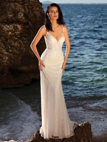 Ivory Beach Wedding Dresses Sleeveless V-Neck Lace Bridal Dresses Free Customization
